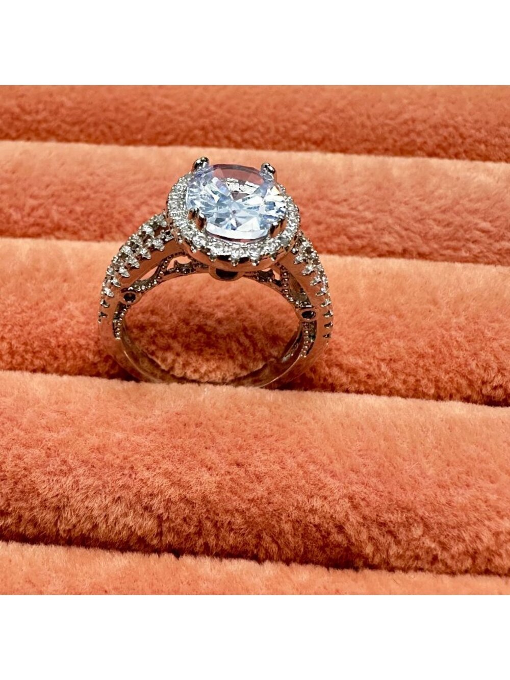 Silver-Tone Halo CZ Cathedral Engagement Ring Size 6 Sparkling Cubic Zirconia
